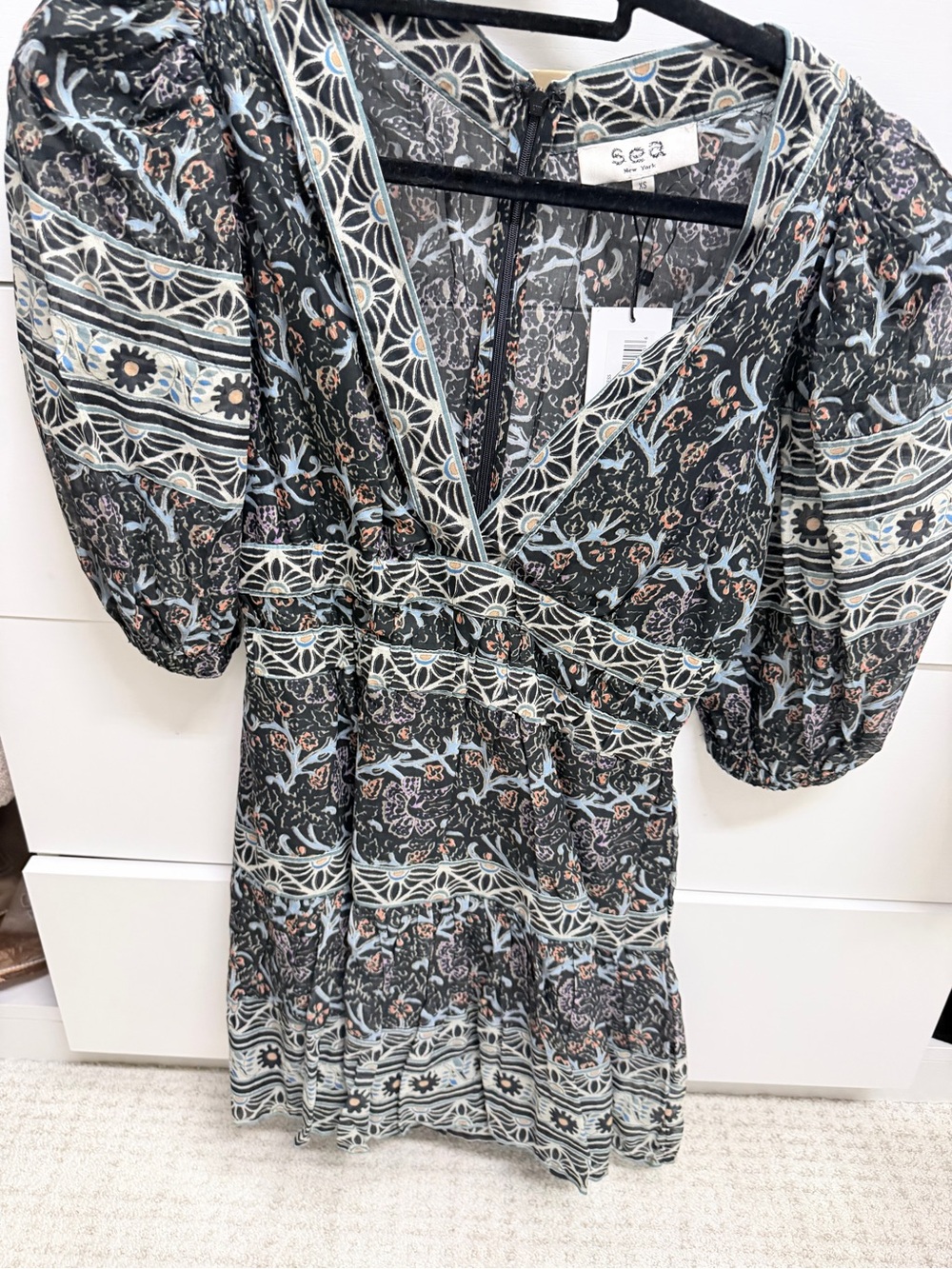 Sea Black and Light Blue Floral Midi Dress with Puff Sleeves